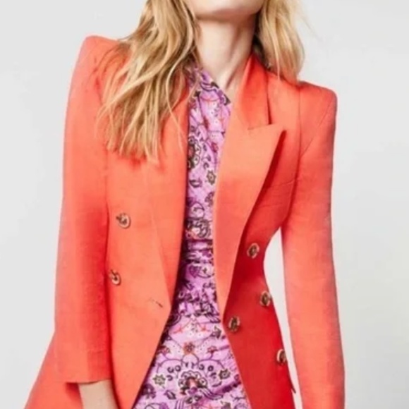 NWOT SMYTHE Pagoda Blazer in Watermelon Size 6 Coral Red Pin Linen Structured - Picture 3 of 6